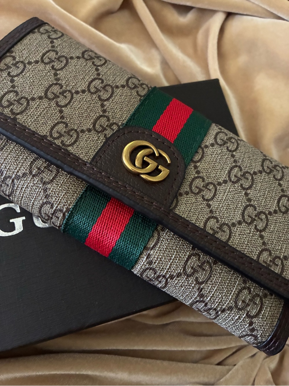 Gucci Brown Monogram Wallet with Green and Red Web Stripe